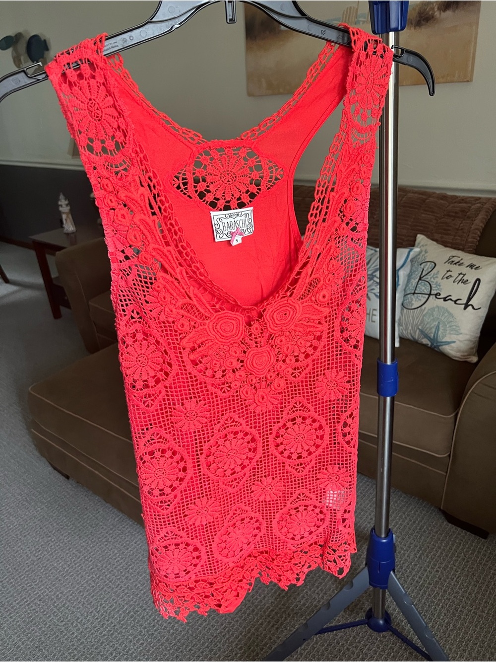 Baraschi Red Floral Crochet Lace Scoop Neck Sleeveless Pullover Tank W-S. # 417